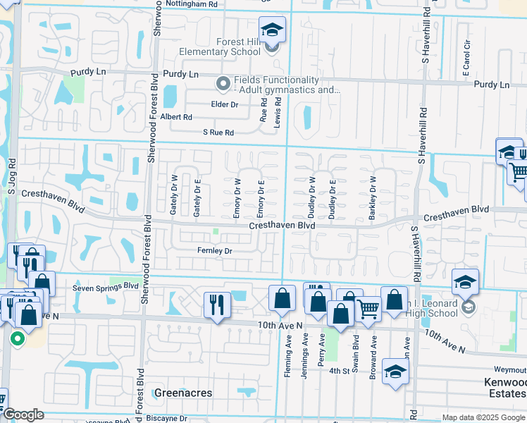 map of restaurants, bars, coffee shops, grocery stores, and more near 2766 Emory Drive East in West Palm Beach