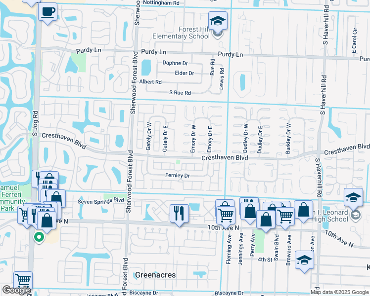 map of restaurants, bars, coffee shops, grocery stores, and more near 2717 Emory Drive West in West Palm Beach