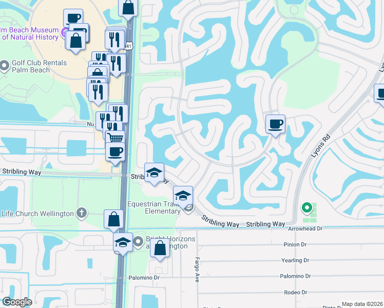 map of restaurants, bars, coffee shops, grocery stores, and more near 9741 Roche Place in Wellington
