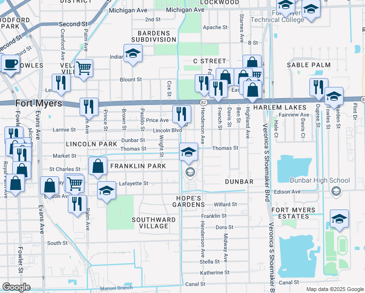 map of restaurants, bars, coffee shops, grocery stores, and more near 2218 Cuba Street in Fort Myers