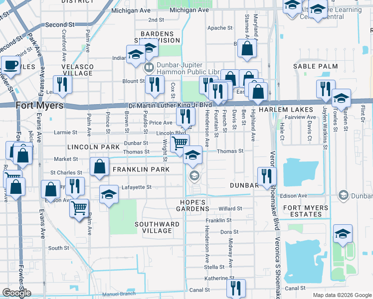 map of restaurants, bars, coffee shops, grocery stores, and more near 2218 Cuba Street in Fort Myers