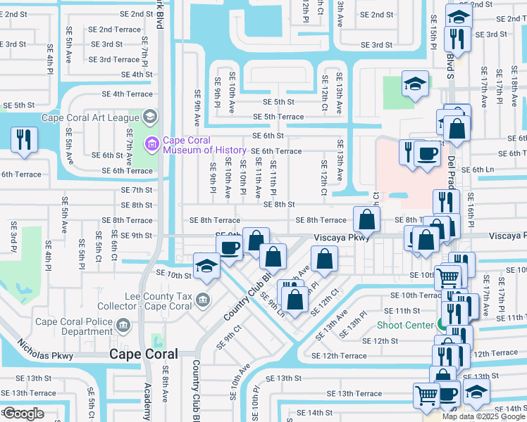 map of restaurants, bars, coffee shops, grocery stores, and more near 1026 Southeast 8th Terrace in Cape Coral