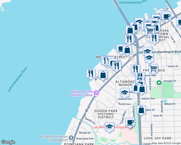 map of restaurants, bars, coffee shops, grocery stores, and more near 2350 West First Street in Fort Myers