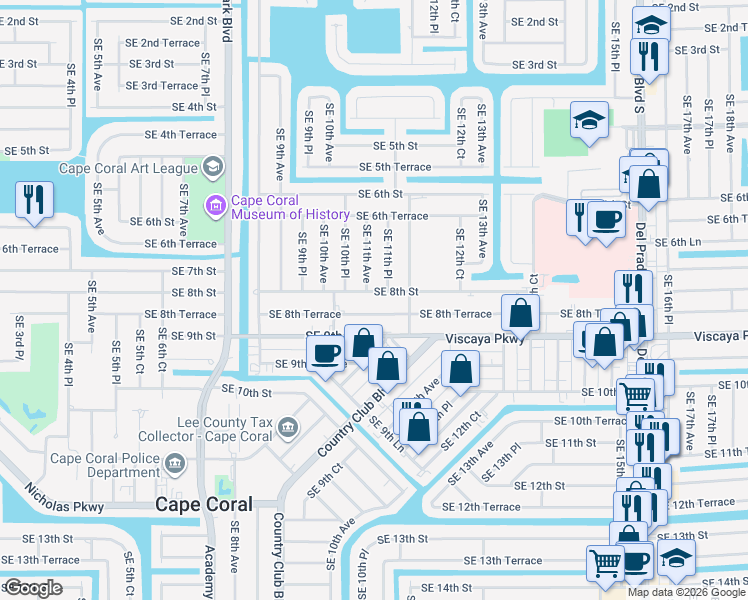 map of restaurants, bars, coffee shops, grocery stores, and more near 1104 Southeast 8th Street in Cape Coral