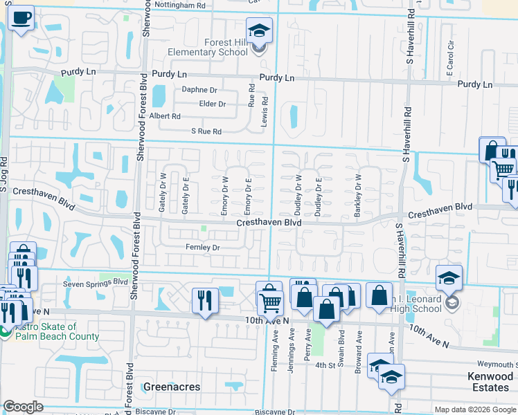 map of restaurants, bars, coffee shops, grocery stores, and more near 2766 Emory Drive East in West Palm Beach