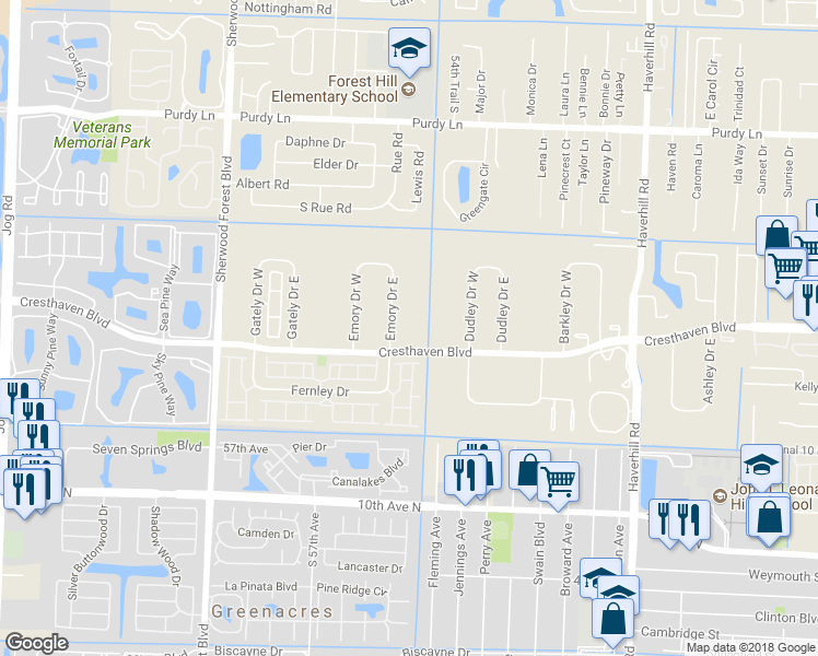 map of restaurants, bars, coffee shops, grocery stores, and more near 2758 Emory Drive West in West Palm Beach