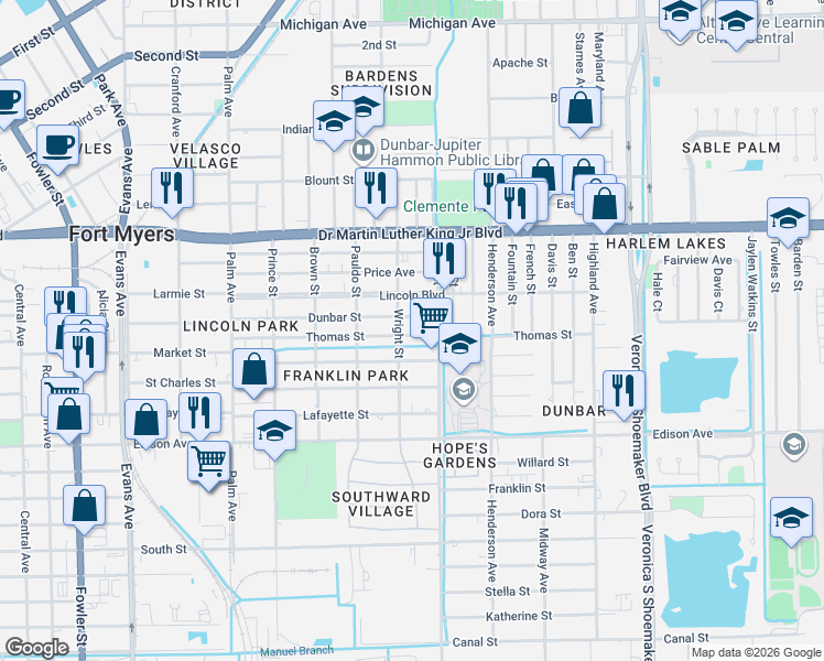 map of restaurants, bars, coffee shops, grocery stores, and more near 3136 Thomas Street in Fort Myers