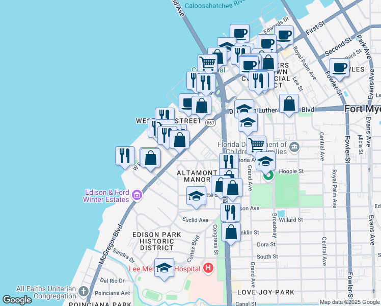 map of restaurants, bars, coffee shops, grocery stores, and more near 2100 Clifford Street in Fort Myers