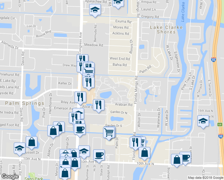 map of restaurants, bars, coffee shops, grocery stores, and more near 397 Lake Arbor Drive in Palm Springs