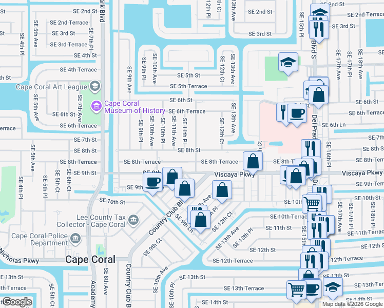 map of restaurants, bars, coffee shops, grocery stores, and more near 1111 Southeast 8th Terrace in Cape Coral