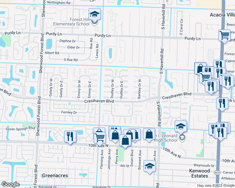 map of restaurants, bars, coffee shops, grocery stores, and more near 2771 Dudley Drive East in West Palm Beach