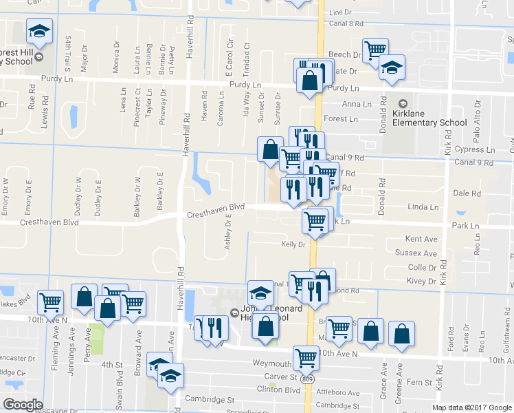 map of restaurants, bars, coffee shops, grocery stores, and more near 4722 Cresthaven Boulevard in West Palm Beach