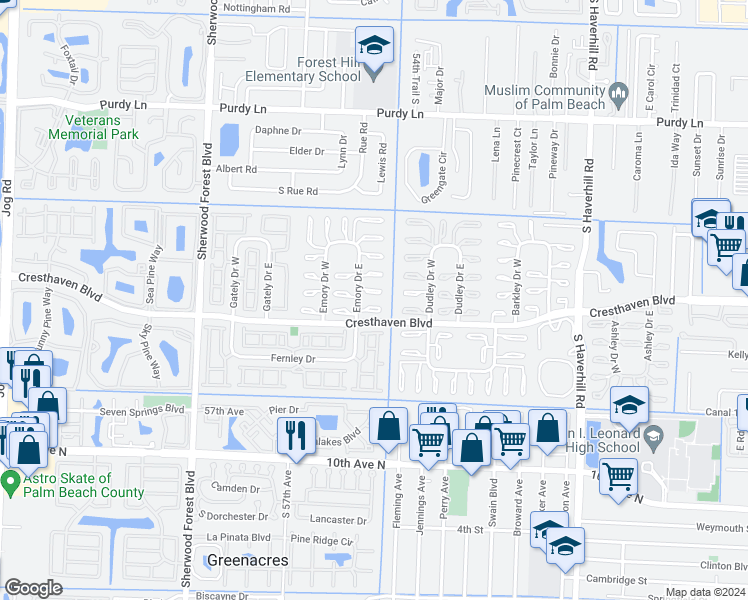map of restaurants, bars, coffee shops, grocery stores, and more near 2766 Emory Drive East in West Palm Beach