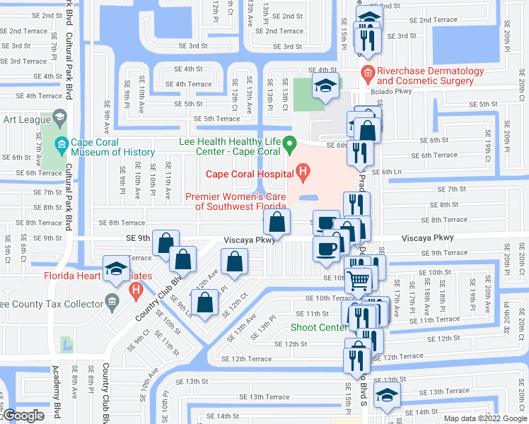 map of restaurants, bars, coffee shops, grocery stores, and more near 1269 Southeast 8th Terrace in Cape Coral