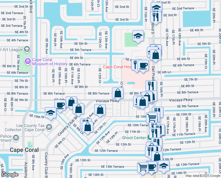 map of restaurants, bars, coffee shops, grocery stores, and more near 1269 Southeast 8th Terrace in Cape Coral