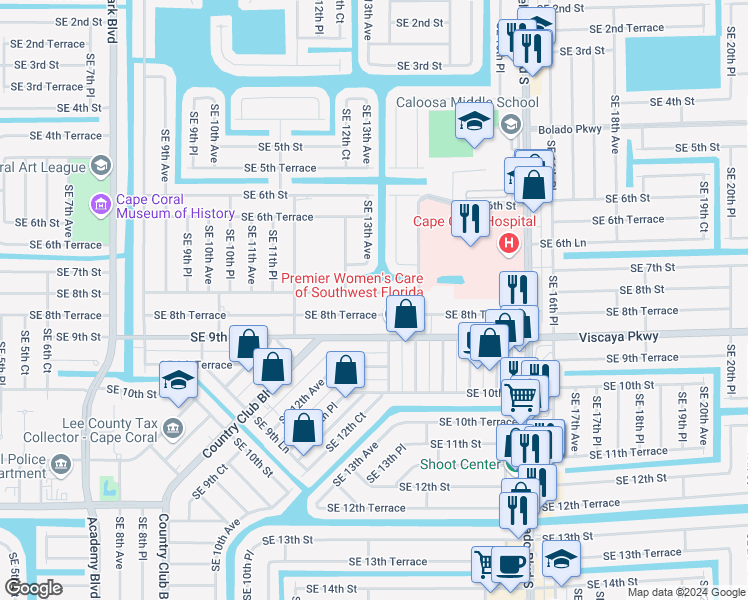 map of restaurants, bars, coffee shops, grocery stores, and more near 1247 Southeast 8th Terrace in Cape Coral