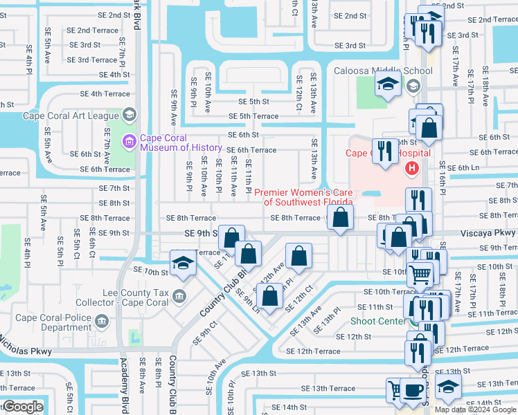 map of restaurants, bars, coffee shops, grocery stores, and more near 1111 Southeast 8th Terrace in Cape Coral