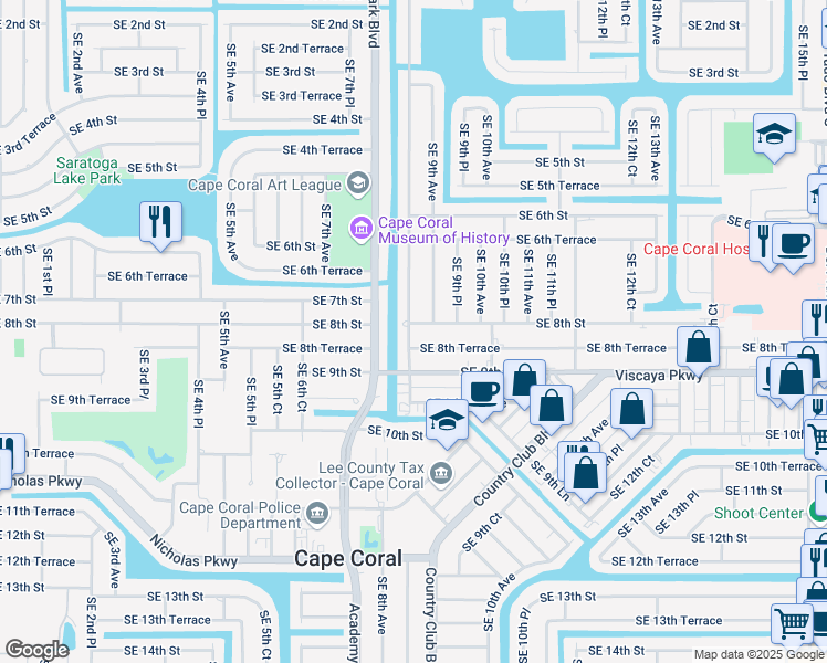 map of restaurants, bars, coffee shops, grocery stores, and more near 840 Southeast 8th Terrace in Cape Coral