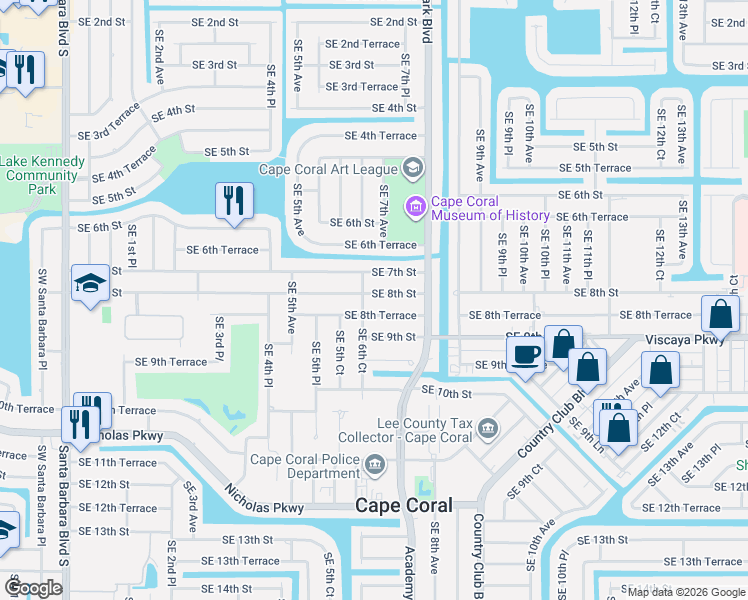 map of restaurants, bars, coffee shops, grocery stores, and more near 547 Southeast 8th Terrace in Cape Coral