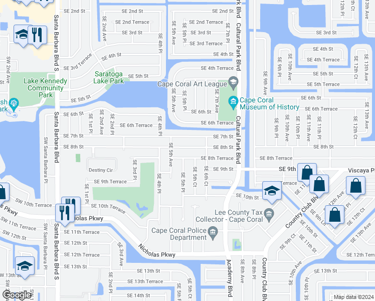 map of restaurants, bars, coffee shops, grocery stores, and more near 519 Southeast 8th Terrace in Cape Coral