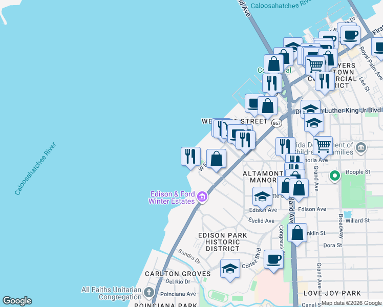 map of restaurants, bars, coffee shops, grocery stores, and more near 2350 West First Street in Fort Myers
