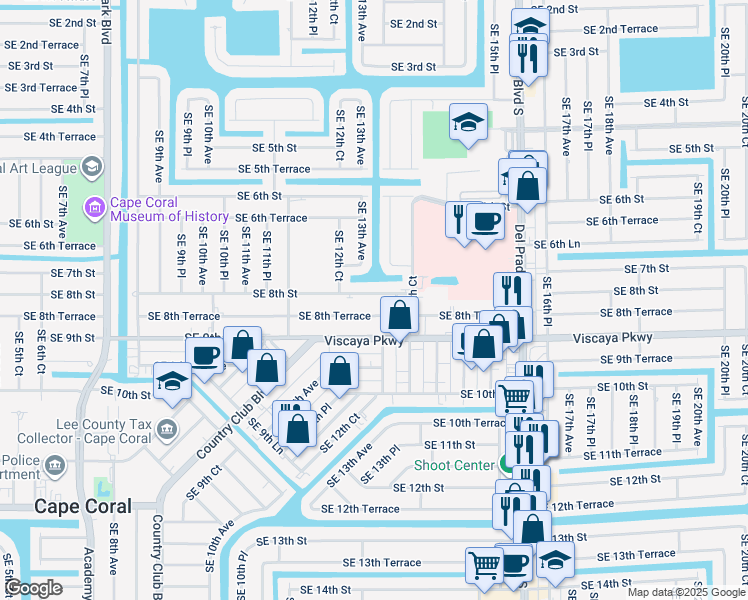 map of restaurants, bars, coffee shops, grocery stores, and more near 1258 Southeast 8th Street in Cape Coral