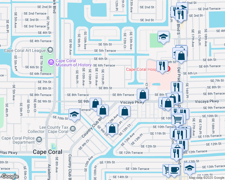 map of restaurants, bars, coffee shops, grocery stores, and more near 1206 Southeast 8th Street in Cape Coral