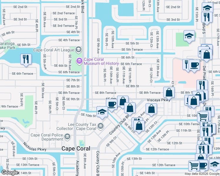 map of restaurants, bars, coffee shops, grocery stores, and more near 912 Southeast 8th Terrace in Cape Coral