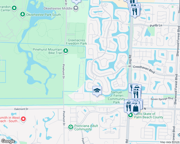 map of restaurants, bars, coffee shops, grocery stores, and more near 105 Caribe Court in Greenacres