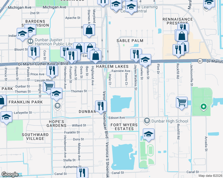 map of restaurants, bars, coffee shops, grocery stores, and more near 3570 Martin Court in Fort Myers