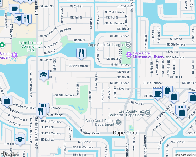 map of restaurants, bars, coffee shops, grocery stores, and more near 811 Southeast 5th Avenue in Cape Coral