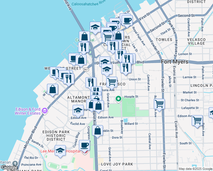 map of restaurants, bars, coffee shops, grocery stores, and more near in Fort Myers
