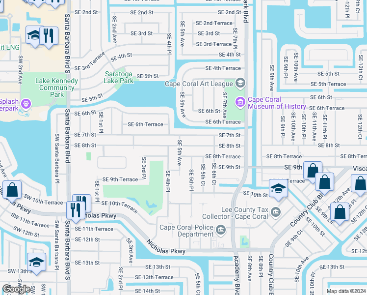 map of restaurants, bars, coffee shops, grocery stores, and more near 811 Southeast 5th Avenue in Cape Coral