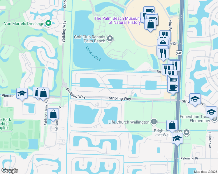 map of restaurants, bars, coffee shops, grocery stores, and more near 3399 Siena Circle in Wellington