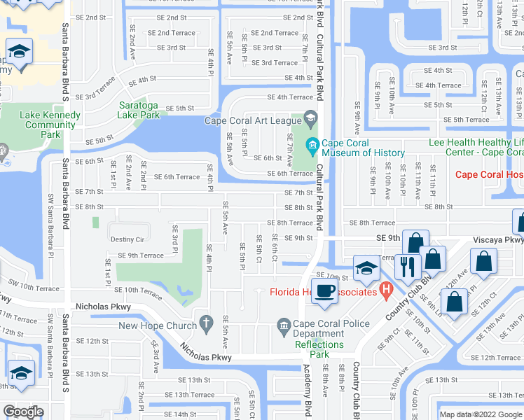 map of restaurants, bars, coffee shops, grocery stores, and more near 536 Southeast 8th Street in Cape Coral