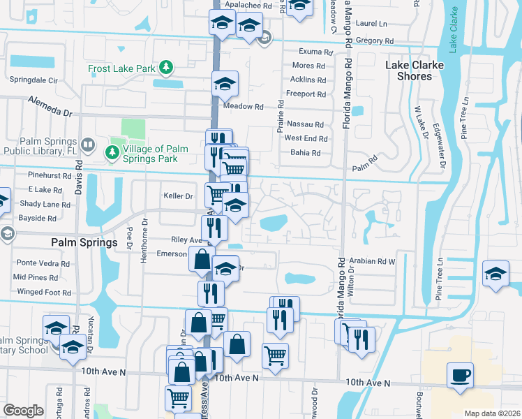 map of restaurants, bars, coffee shops, grocery stores, and more near 369 Lake Arbor Drive in Palm Springs