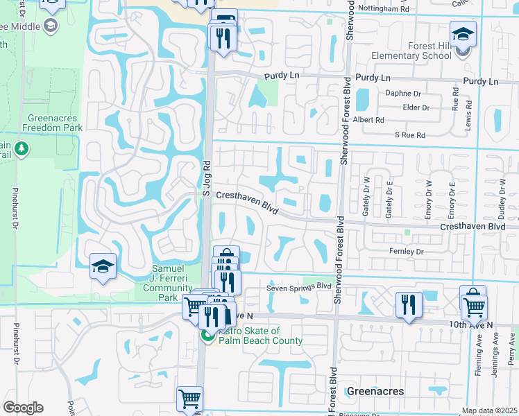 map of restaurants, bars, coffee shops, grocery stores, and more near 544 Shady Pine Way in Greenacres