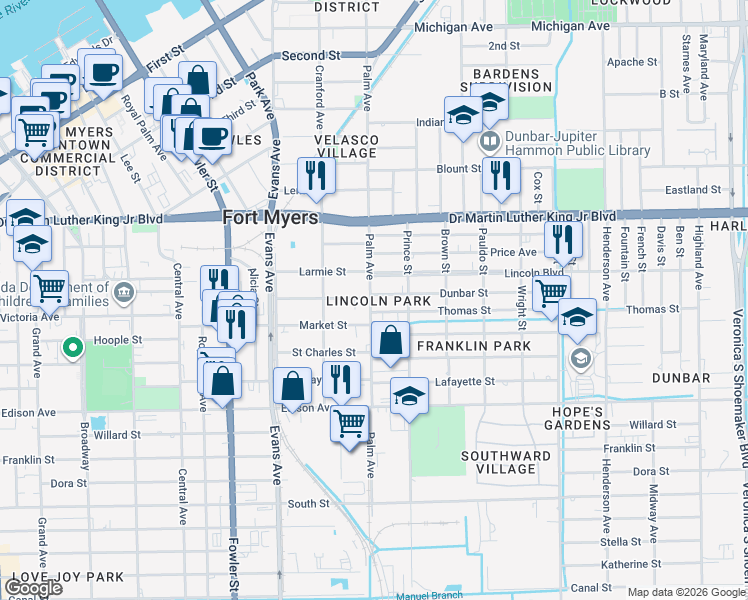 map of restaurants, bars, coffee shops, grocery stores, and more near 2116 Palm Avenue in Fort Myers