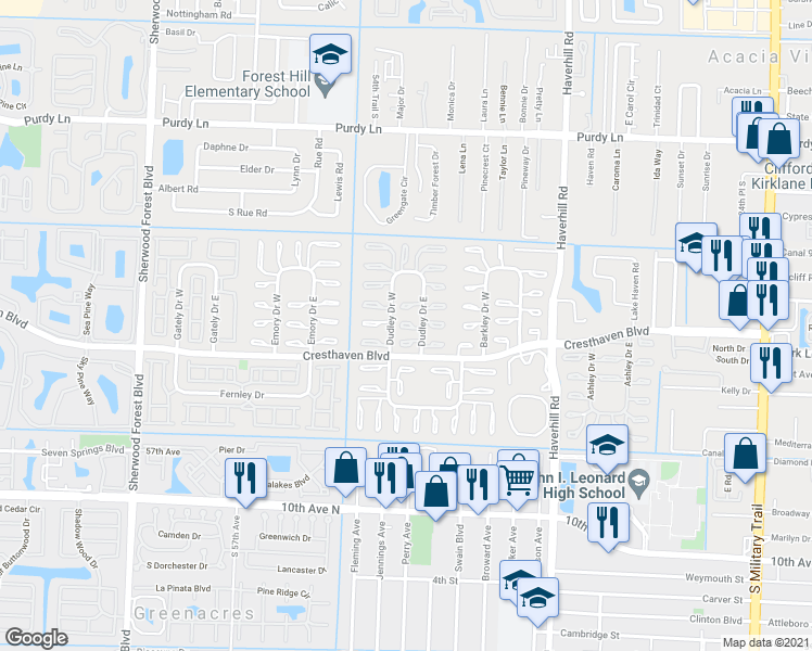map of restaurants, bars, coffee shops, grocery stores, and more near 2655 Dudley Drive East in West Palm Beach