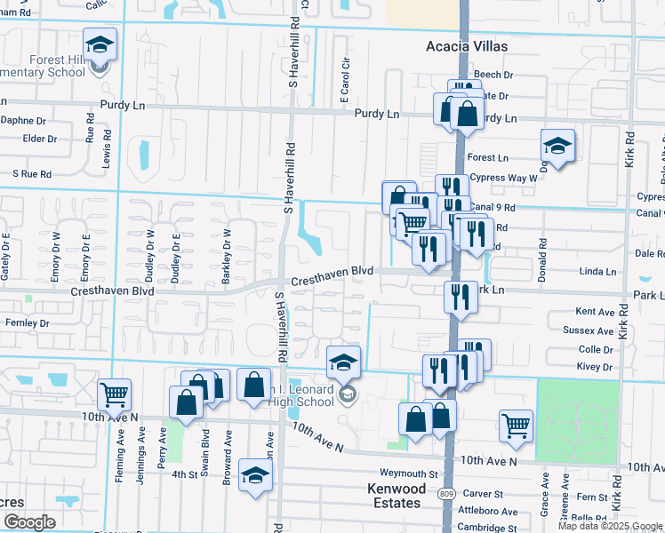 map of restaurants, bars, coffee shops, grocery stores, and more near 2648 Parkcrest Street in West Palm Beach