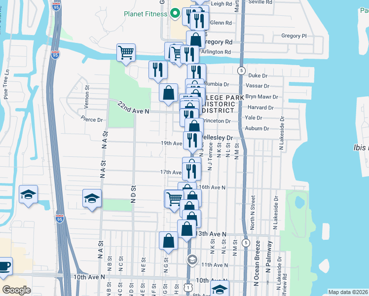 map of restaurants, bars, coffee shops, grocery stores, and more near 1124 19th Avenue North in Lake Worth