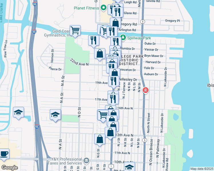 map of restaurants, bars, coffee shops, grocery stores, and more near 1124 19th Avenue North in Lake Worth