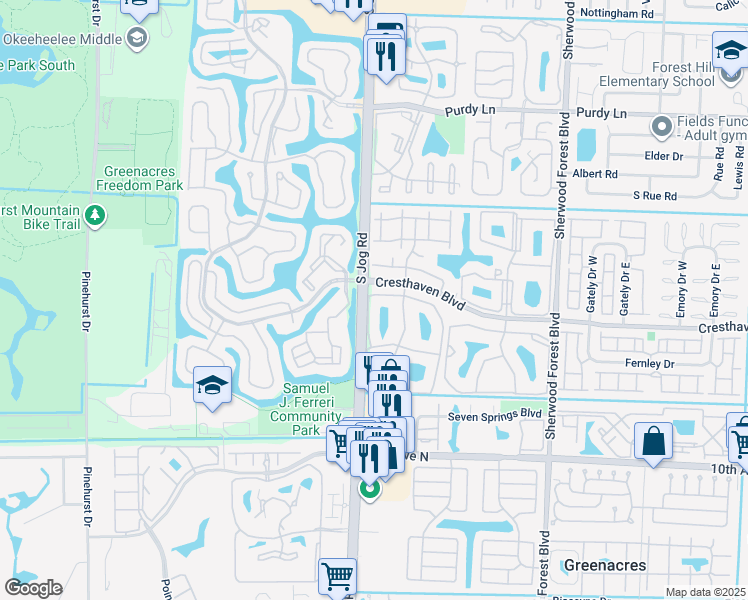map of restaurants, bars, coffee shops, grocery stores, and more near 725 Sunny Pine Way in Greenacres