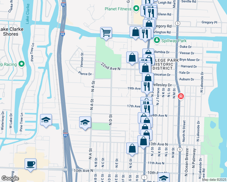 map of restaurants, bars, coffee shops, grocery stores, and more near 1250 19th Avenue North in Lake Worth
