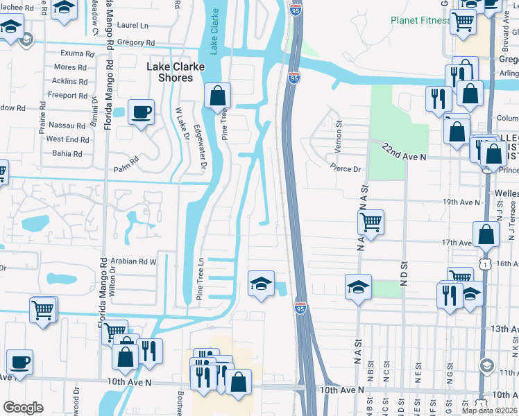 map of restaurants, bars, coffee shops, grocery stores, and more near 1831 East Terrace Drive in Lake Worth