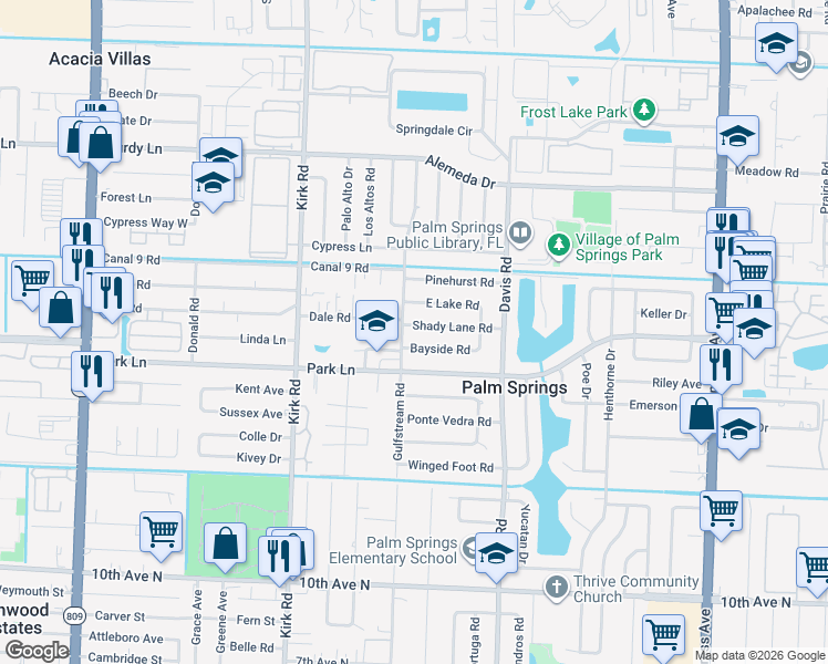 map of restaurants, bars, coffee shops, grocery stores, and more near 357 East Lake Road in Palm Springs