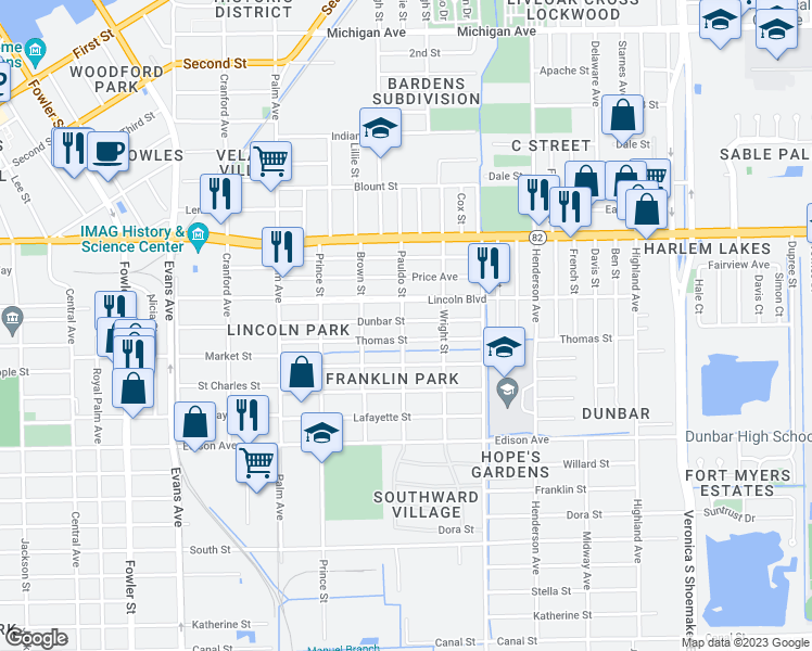 map of restaurants, bars, coffee shops, grocery stores, and more near 3002 Dunbar Street in Fort Myers