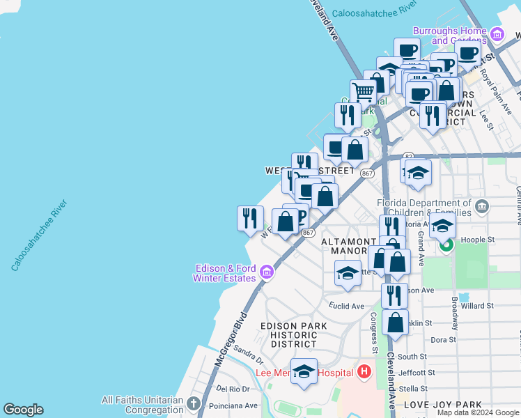 map of restaurants, bars, coffee shops, grocery stores, and more near 1925 Virginia Avenue in Fort Myers