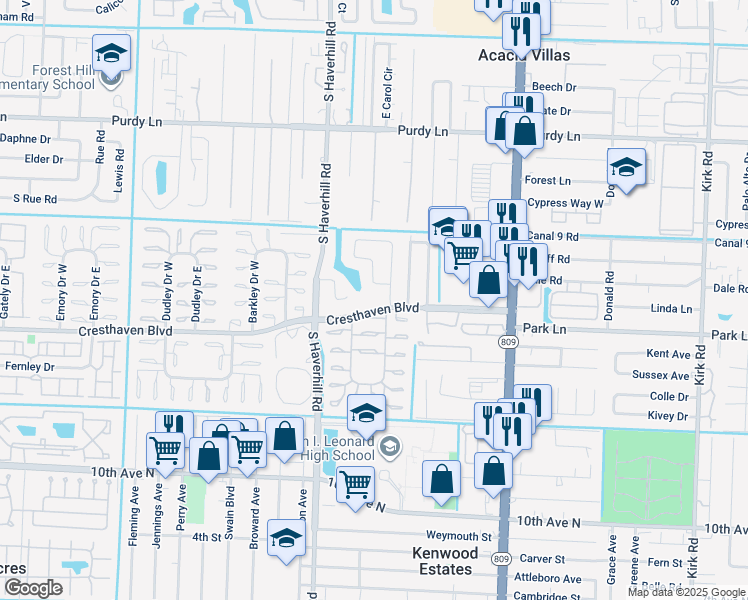 map of restaurants, bars, coffee shops, grocery stores, and more near 2648 Parkcrest Street in West Palm Beach