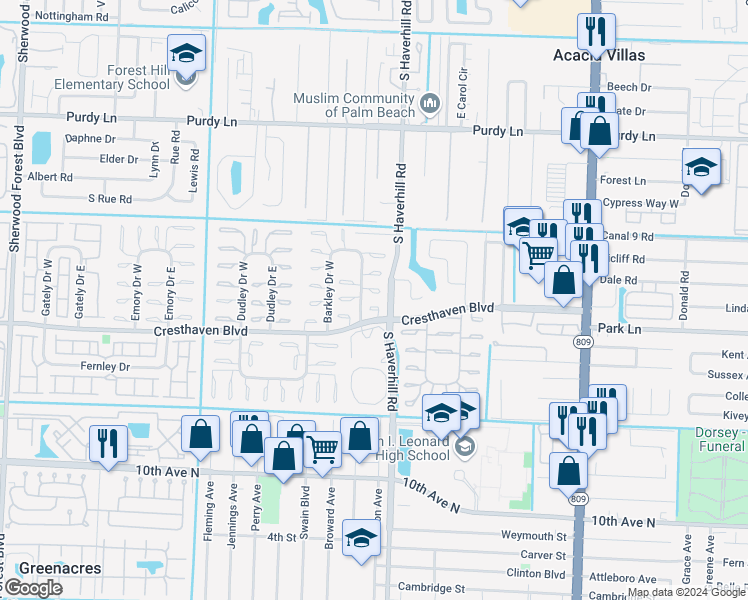 map of restaurants, bars, coffee shops, grocery stores, and more near 2653 Barkley Drive East in West Palm Beach
